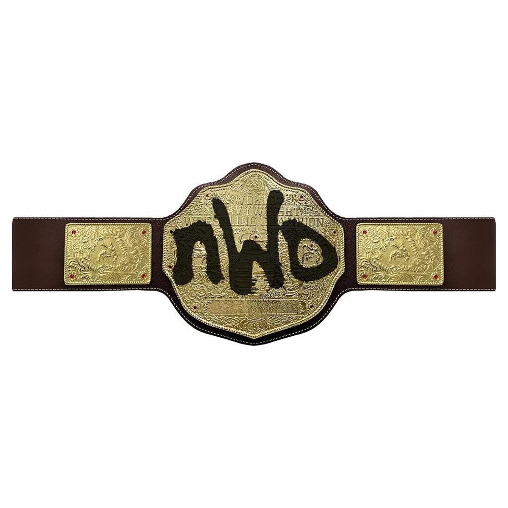 NWO Spray Big Gold Heavyweight Title Belts Replica 4mm Diecast Brown Leather Strap